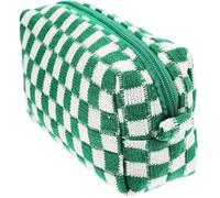Amosfun Large Checkered Woolen Yarn Makeup Bag with Zipper Portable Toiletries Bag for Women Girls, Easy to Access and Not Easy to Tear, Light Green Cloth Material, for Travel and Daily
