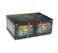 Amosfun Map Pattern Wooden Storage Box Lid Small Leather Keepsake Organizer Antique Style Decorative Treasure Chest for Jewelry and Trinkets