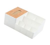 Amosfun Multifunctional Bamboo Desktop Organizer Box with Tissue Holder and Compartments for Remote Controls Glasses Pens Large Capacity Storage for Living and Bedroom Simple White Design