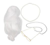 Amosfun Old Lady Wigs for Adults with White High-temperature Yarn Bun, Reusable and Breathable Grandma Costume Wig Kit Including Pearl Necklace, Eyeglasses, and Glasses Chain for Parties