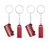 Amosfun Pack of 4 London Souvenir Keyrings: British Flag, Bus & Telephone Box Keychains - Red Zinc Alloy
