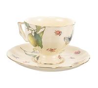 Amosfun Vintage Ceramic Mug and Saucer Set Large Mouth Cappuccino Cup with Lemon Butterfly Pattern for Comfortable Home Use for Coffee and Tea Lovers