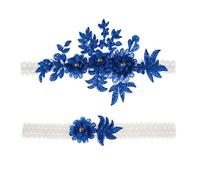 Amosfun wedding garter, flower lace rhinestone elastic wedding garters for bridesmaid, wedding favour decoration, dark blue, pack of 2