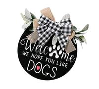Amosfun Welcome Wreath Sign Round Wood Hanging Sign for We Hope You Like Dogs Front Door Decoration Garland Spring Decor Hanging Ornaments
