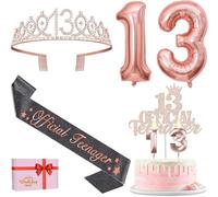 Amosking 13th Birthday Decorations, Including 13th Birthday Sash and Tiara, Official Teenager Cake Topper, Numeral Candles, Number Balloons, Gifts for 13 Year Old Girls