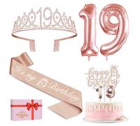 Amosking 19th Birthday Decorations for Girls, Including 19th Birthday Sash and Tiara, Cake Topper and Candles, Rose Gold Number Balloons, 19 Year Old Gifts for Girls