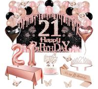 Amosking 21st Birthday Decorations for Her Rose Gold Black 49pcs | Luxury 49pcs 21st Birthday Girl Decorations Banner, Tablecloth, Butterfly, Sash, Tiara, Cake Topper, Candles, Balloons Arch