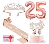Amosking 25th Birthday Decorations for Her Rose Gold | 25th Birthday Rose Gold Supplies - 25th Birthday Sash, Tiara, Cake Topper, Candles, Balloons, 25 Year Old Gifts for Her
