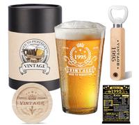 Amosking 30th Birthday Gifts for Men, Vintage 1995 Beer Glass, Wooden Bottle Opener, Vintage Beer Box, Wooden Coaster, 1995 Greeting Card and Poster Anniversary Card 30th Birthday Gift Ideas for Him