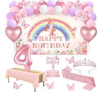 Amosking 4th Birthday Decorations Girl 47pcs Pink Rainbow Decor | Luxury 47Pcs 4 Year Old Girl Birthday Decor Banner, Tablecloth, Butterfly, Sash, Tiara, Cake Topper, Candles, Balloons Arch