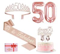Amosking 50th Birthday Decorations for Women, Including 50th Birthday Sash and Tiara, Cake Topper and Candles, Rose Gold Number Balloons, 50 Year Old Gifts for Women