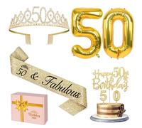 Amosking 50th Birthday Decorations Gold, Including 50th Birthday Sash and Tiara, Cake Topper and Candles, Number Balloons, 50 Year Old Gifts for Women