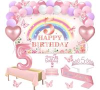 Amosking 5th Birthday Decorations Girls 47pcs Pink Rainbow Decor | Luxury 47Pcs 5 Year Old Girl Birthday Decor Banner, Tablecloth, Butterfly, Sash, Tiara, Cake Topper, Candles, Balloons Arch
