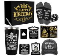 Amosking 60th Birthday Gifts for Men - Unique Birthday Box with 20 Oz Tumbler, Scented Candle, Socks, Baseball Cap, Keychain, Bracelets and Bottle Opener for Husband, Dad, Grandpa, Friends, Boss
