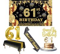 Amosking 61st Birthday Decorations for Men Women Black Gold | Luxury 61st Birthday Decorations - Easy Assembly with Banner, Number Balloons, Table Cloth, Sash, Cake Topper and Candles