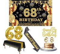 Amosking 68th Birthday Decorations for Men Women Black Gold | Luxury 68th Birthday Decorations - Easy Assembly with Banner, Number Balloons, Table Cloth, Sash, Cake Topper and Candles