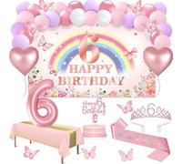 Amosking 6th Birthday Decorations Girl 47pcs Pink Rainbow Decor | Luxury 47Pcs 6 Year Old Girl Birthday Decor Banner, Tablecloth, Butterfly, Sash, Tiara, Cake Topper, Candles, Balloons Arch
