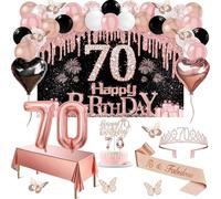 Amosking 70th Birthday Decorations for Women Rose Gold Black 49pcs | Luxury 49pcs 70th Birthday Women Decorations Banner, Tablecloth, Butterfly, Sash, Tiara, Cake Topper, Candles, Balloons Arch
