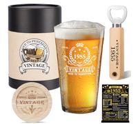 Amosking 70th Birthday Gifts for Men, Vintage 1955 Beer Glass, Wooden Bottle Opener, Vintage Beer Box, Wooden Coaster, 1955 Greeting Card and Poster Anniversary Card 70th Birthday Gift Ideas for Him