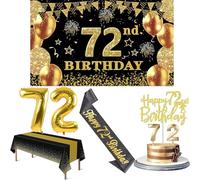 Amosking 72nd Birthday Decorations for Men Women Black Gold | Luxury 72nd Birthday Decorations - Easy Assembly with Banner, Number Balloons, Table Cloth, Sash, Cake Topper and Candles