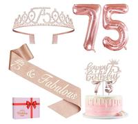 Amosking 75th Birthday Decorations for Women, Including 75th Birthday Sash and Tiara, Cake Topper and Candles, Rose Gold Number Balloons, 75 Year Old Gifts for Women