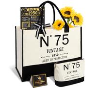 Amosking 75th Birthday Gifts for Women Canvas Tote Bag Travel Gear,Unique 75 Years Old Gifts for Mum Wife Sister Aunt Friends Her, Vintage N°75 Handbag & Cosmetic Bag & Back in 1950 Poster