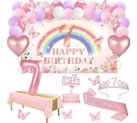 Amosking 7th Birthday Decorations Girl 47pcs Pink Rainbow Decor | Luxury 47Pcs 7 Year Old Girl Birthday Decor Banner, Tablecloth, Butterfly, Sash, Tiara, Cake Topper, Candles, Balloons Arch