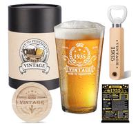 Amosking 90th Birthday Gifts for Men, Vintage 1935 Beer Glass, Wooden Bottle Opener, Vintage Beer Box, Wooden Coaster, 1935 Greeting Card and Poster Anniversary Card 90th Birthday Gift Ideas for Him