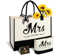 Amosking Mrs 2025 Bride Canvas Tote Bag with Makeup Bag, Wedding Gifts for Bridal Shower Bachelorette Party Engagement Honeymoon, Miss to Mrs, Bride to Be Gifts