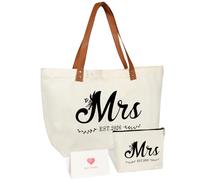Amosking Mrs EST.2026 Bride Canvas Tote Bag with Cosmetic Bag, Wedding Gifts for Bridal Shower Bachelorette Party Honeymoon Beach Engagement, Miss to Mrs, Bride to Be Gifts