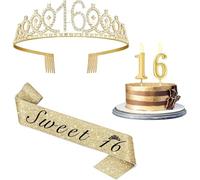 Amosking Sweet 16 Birthday Decorations for Girls-Sash Crown Candles | Gold Sweet 16 Sash, 16th Birthday Tiara, Number 16 Candles, 16th Birthday Decorations Girl, 16 Year Old Gifts for Girl