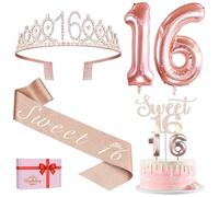 Amosking Sweet 16 Birthday Decorations Rose Gold | 16th Birthday Rose Gold Supplies - 16th Birthday Sash, Tiara, Cake Topper, Candles, Balloons, 16 Year Old Girls Gifts