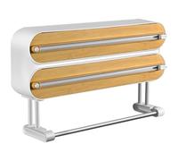 Amotee 3-in-1 Wall Mounted & Magnetic Kitchen Roll Holder, Cling Film & Aluminum Foil Dispenser with Cutter (White, Grey, Wood Color, ABS + PP + Stainless Steel)