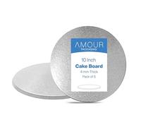 Amour 10 inch Cake Board - Pack of 5 Thick Sturdy & Lightweight 4mm Thick Cake Board - Silver Foil with Small Flower Pattern - Wrapped Edge Round Cake Board for Wedding & Birthday