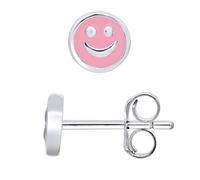 Amours, Kisses & Huggins Smiley Earrings - Rhodium-Plated 925 Sterling Silver - 100% Hypoallergenic - Pink Enamel - Pushchair System - Children's Jewellery