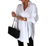 AMOUSD Womens White Lapel Slit Shirt Oversized Button Down Shirt Plus Size Ladies Long Sleeve Blouse Casual Wrinkle Free Tops (S)