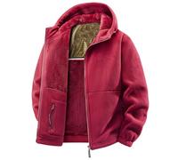 AMOUSDRDR Men’s Double-Layer Fleece Hooded Jacket Winter Windproof Double-sided Fleece Jackets Full Zip Unisex Padded Ultra Warm Winter Coats (Red,S)