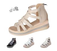 AMOUSDRDR Rhinestone Decor Wedge Sandals, Orthopedic Platform Sandals for Women with Arch Support, Summer Open Toe Gladiator Sandal (Beige,40EU)