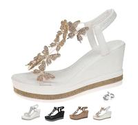 AMOUSDRDR Women's Chic Elegant Butterfly Pearl Slip-On Wedge Sandals Sparkling Rhinestone Elastic Ankle Strap Butterfly Platform Shoes (White-Gold,7)