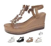 AMOUSDRDR Women's Chic Elegant Butterfly Pearl Slip-On Wedge Sandals Sparkling Rhinestone Elastic Ankle Strap Butterfly Platform Shoes (Khaki,8)