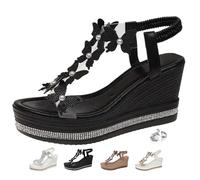 AMOUSDRDR Women's Chic Elegant Butterfly Pearl Slip-On Wedge Sandals Sparkling Rhinestone Elastic Ankle Strap Butterfly Platform Shoes (Black,7)