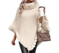 AMOUSDRDR Women's Faux Fur Trim Poncho, Elegant Solid Waffle Thermal Hanky Hem Crew Neck Cape Coat Warm Fur Shawl for Fall Winter (Apricot,L)