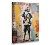Amovlov Banksy Graffiti Canvas Wall Art Print, Framed Boy Colorful Abstract Modern Urban Decor Featuring Paintings, Iconic Basquiat Artwork for City Inspired Spaces Ready to Hang (12"x16")