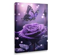 Amovlov Purple Butterfly Canvas Wall Art, Purple Rose with Butterfly, Bathroom Wall Decor, Floral Wall Art for Bedroom, Office, Teen Girls Room (16''x24'')