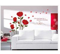 AMOYER Four Red Blooming Roses with Leaves and Love Quote Removable Wall Decal for Bedroom Living Room Wall Sticker
