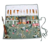 Amoyie Art Paint Brush Set, Canvas Organizing Case with 10 pcs Nail Brush | Green Floral, 20 Slots for 40 Brushes, Storage Bag for Acrylic, Oil, Watercolour Paintbrushes, Foldable Pouch, Outdoor Sketch