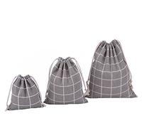 Amoyie Fabric Storage Bag with Drawstring 3 pcs, Pouch for Little Accessories - Grey Tartan