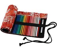 Amoyie Roll Up Pencil Case for 36 Coloured Pencils, Colouring Pens Organiser Bag, Artist Wrap, Canvas Holder, Red Waves