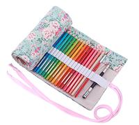 Amoyie Roll Up Pencil Case for 36 Coloured Pencils, Foldable Colouring Pen Organiser Bag, Canvas Coloring Pens Holder, Artist Wrap, Floral Blue Green
