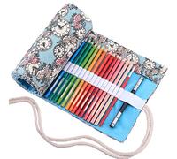 Amoyie Roll Up Pencil Case for 36 Coloured Pencils, Foldable Colouring Pens Organiser Bag Kids, Artist Wrap, Canvas Holder, Blue Clock Flower